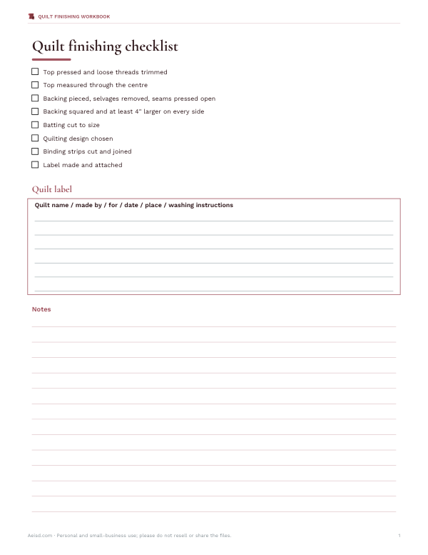 Preview of Printable Quilt Finishing Checklist and Label